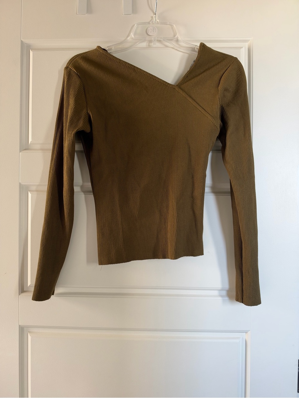 Zara Women’s Asymmetric Ribbed Long-Sleeve Top — Olive Brown - Picture 5 of 5